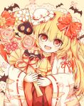  1girl ascot bat_(animal) blonde_hair fang fangs flandre_scarlet gift hair_ribbon hat highres japanese_clothes laevatein_(touhou) medium_hair mini_hat mob_cap open_mouth red_eyes ribbon ro.ro smile solo touhou upper_body yellow_ascot 