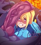 absurd_res anthro blonde_hair blue_eyes bodysuit breasts claws clenched_teeth clothing dragon duo erection female furanh genitals hair hi_res human human_on_anthro interspecies light_body light_skin long_hair male male/female mammal metroid nintendo penis ponytail purple_body ridley samus_aran scalie signature skinsuit teeth tight_clothing vein veiny_penis zero_suit