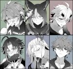  6+boys alhaitham_(genshin_impact) animal_ear_fluff animal_ears blush closed_mouth ear_piercing earrings facial_mark flower forehead_mark fox_boy fox_ears genshin_impact gloves greyscale hair_between_eyes hair_ornament headband holding jacket jewelry kazuki_(ka3du6ki) male_focus monochrome multicolored_hair multiple_boys neuvillette_(genshin_impact) parted_lips partially_fingerless_gloves piercing ponytail simple_background single_earring sweat tartaglia_(genshin_impact) thoma_(genshin_impact) tighnari_(genshin_impact) xiao_(genshin_impact) 