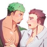  2boys adam&#039;s_apple bara black_hair blush couple dark-skinned_male dark_skin eye_contact facial_hair from_side furrowed_brow goatee green_hair highres holding_hands ikusaba_daisuke interlocked_fingers large_pectorals looking_at_another male_focus medium_sideburns multicolored_hair multiple_boys muscular muscular_male official_alternate_costume pectoral_cleavage pectorals poteto02888292 protagonist_3_(housamo) short_hair sideburns_stubble stubble tokyo_afterschool_summoners two-tone_hair yaoi 