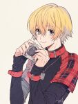  1boy black_shirt blonde_hair blue_eyes camera collar dog_tags hair_between_eyes holding holding_camera jewelry long_sleeves looking_at_viewer male_focus necklace okusawa_ritsu plaid plaid_shirt red_collar rin_(togainu_no_chi) shirt short_hair signature sketch sleeves_past_wrists smile solo togainu_no_chi upper_body white_background 
