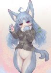 2023 anthro blue_body blue_fur blue_hair bottomless catnip clothed clothing drugs felid female forked_tail fur hair heterochromia hi_res jacket japanese_text mammal naturally_censored pawpads simple_background solo tail tetetor-oort text topwear unusual_anatomy unusual_tail