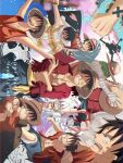  1boy ^_^ abs arm_tattoo arms_up bandaid bandaid_on_arm black_cape black_hair blood blue_shorts cape clenched_hand closed_eyes coat commentary_request crossed_arms flag hand_on_own_thigh hat highres looking_at_viewer looking_to_the_side male_focus monkey_d._luffy multiple_views one_piece profile red_shirt sash scar scar_on_face shadow shirt short_hair shorts sky smile smoke straw_hat suzu_(suzuran_piece) tattoo thick_eyebrows yellow_sash 