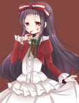  bad_id bad_pixiv_id black_hair blood blood_on_face blood_on_fingers bow dress hair_bow higanbana_(higanbana_no_saku_yoru_ni) higanbana_no_saku_yoru_ni juliet_sleeves juugoya_neko long_sleeves puffy_sleeves red_eyes skirt_hold tongue tongue_out 