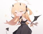  1girl black_dress black_horns black_tail black_wings blonde_hair blue_archive blush demon_horns demon_tail demon_wings doribae dress halo highres horns ibuki_(blue_archive) long_hair looking_at_viewer open_mouth pointy_ears simple_background smile solo tail white_background wings yellow_eyes yellow_halo 