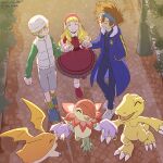  1girl 2boys agumon catherine_deneuve closed_eyes digimon digimon_adventure_02 fangs floramon gdn0522 happy highres holding_hands long_hair looking_at_another multiple_boys patamon short_hair smile takaishi_takeru yagami_taichi 