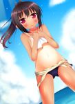  bad_id bad_pixiv_id bare_shoulders blush brown_hair i-401_(kantai_collection) kantai_collection navel one-piece_tan open_mouth ponpon_(tosico) ponytail red_eyes sailor_collar school_swimsuit short_hair short_ponytail solo swimsuit swimsuit_pull tan tanline 