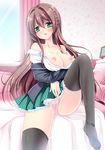  bed black_legwear blush breasts brown_hair cleavage curtains d: girls_strike green_eyes knee_up large_breasts nipples open_clothes open_mouth open_shirt original panties pillow pink_panties sakurano_tsuyu shirt sitting skirt skirt_lift solo striped striped_panties thighhighs underwear window 