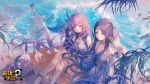  2girls bare_shoulders beach benghuai_xueyuan blue_eyes blue_hair bubble copyright_name detached_sleeves elbow_gloves forehead_jewel gloves hair_ornament highres honkai_(series) jewelry jyahnar_(benghuai_xueyuan) logo long_hair multiple_girls ocean official_art purple_hair sand second-party_source sirin sitting smile starfish veil water yellow_eyes 