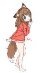  1girl animal_ear_fluff animal_ears barefoot brown_hair comodomodo feet finger_to_mouth fox_ears fox_girl fox_tail from_side full_body green_eyes jacket no_pants orange_jacket original short_hair shushing sol_(comodomodo) solo tail thighs 