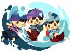  &gt;_o 3boys alternate_color backpack bag baseball_cap black_hair blue_footwear blue_shorts blush_stickers checkered_clothes checkered_shirt clone hat hitofutarai male_focus midriff_peek mother_(game) mother_2 multiple_boys ness_(mother_2) one_eye_closed open_mouth outstretched_arms paint player_2 purple_footwear purple_headwear red_shorts shirt short_hair shorts solid_oval_eyes spread_arms striped_clothes striped_shirt waving white_background 