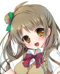  :d amamine bad_id bad_pixiv_id brown_eyes brown_hair hair_bun hair_ornament hair_ribbon long_hair looking_at_viewer love_live! love_live!_school_idol_project minami_kotori open_mouth otonokizaka_school_uniform ribbon school_uniform simple_background smile solo sweater_vest white_background 
