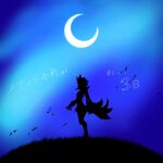  1other blue_background blue_sky commentary crescent_moon from_side full_body grass highres meowscarada moon night other_focus outdoors pokemon pokemon_(creature) profile rize_(r) short_hair silhouette sky solo standing translation_request wind 