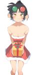  1girl 3d_glasses an-an_lee bare_arms bare_shoulders black_hair blush breasts cleavage closed_mouth dress eyewear_on_head feet_out_of_frame gift highres holding holding_gift licking_lips looking_at_viewer rasusurasu reverse:1999 santa_dress simple_background small_breasts smile solo strapless strapless_dress sunglasses tongue tongue_out white_background yellow_eyes 