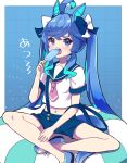  1girl ahoge akane_(akane112234) animal_ears aqua_hair black_bow black_sailor_collar black_shorts blue_eyes blue_footwear blue_hair bow casual commentary cropped_shirt crossed_bangs eating flats food hair_bow heterochromia highres holding holding_food holding_popsicle horse_ears horse_girl horse_tail indian_style long_hair looking_at_viewer midriff multicolored_hair navel neckerchief no_socks open_mouth pink_neckerchief popsicle purple_eyes sailor_collar sailor_shirt sharp_teeth shirt short_shorts short_sleeves shorts sidelocks sitting solo suspender_shorts suspenders sweatdrop tail teeth translated twin_turbo_(umamusume) twintails two-tone_hair umamusume very_long_hair white_shirt 