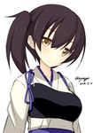  2014 brown_hair dated hair_between_eyes japanese_clothes jougen kaga_(kantai_collection) kantai_collection muneate short_hair short_ponytail side_ponytail smile solo twitter_username upper_body white_background yellow_eyes 