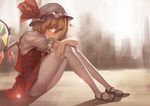  absurdres blonde_hair flandre_scarlet hat hat_ribbon highres layla891228 looking_at_viewer mary_janes mob_cap pantyhose puffy_short_sleeves puffy_sleeves ribbon shirt shoes short_sleeves sitting skirt skirt_set solo thighs touhou vest white_legwear wings yellow_eyes 