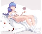  1girl :3 ahoge ass blue_eyes blue_hair camisole dog eyebrows_hidden_by_hair flat_chest full_body hand_on_own_stomach haoyihe highres lara_greyrat long_hair looking_to_the_side lying_on_animal mushoku_tensei panties simple_background socks solo underwear white_camisole white_panties white_socks 