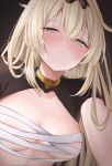  1girl ahoge arm_support black_shrug blonde_hair blush breasts brown_background chest_sarashi cleavage closed_mouth collar covered_nipples from_below green_eyes hair_between_eyes highres hololive kazama_iroha kazama_iroha_(1st_costume) light_smile long_hair looking_at_viewer looking_down medium_breasts nipples no_bra no_shirt sarashi short_sleeves shrug_(clothing) smile solo sweat sweatdrop undone_sarashi virtual_youtuber yellow_collar 