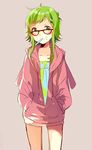  animal_hood bad_id bad_pixiv_id bunny_hood food food_on_face glasses green_eyes green_hair gumi hands_in_pockets hood hoodie popsicle_stick short_hair solo vocaloid yamori_shiki 