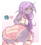  1girl ass ass_focus breasts colored_skin futanari green_eyes highres huge_ass long_hair nail_polish pink_shorts pointy_ears purple_hair pussy short_shorts shorts shortstack small_breasts thighhighs yuri 