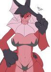 4_toes absurd_res anthro big_breasts black_hair blue_nose breasts clothed clothing dorsal_fin ear_fins eeveelution feet female fin frill_(anatomy) front_view fur generation_1_pokemon hair hi_res looking_at_viewer mouth_closed navel neck_frill nintendo partially_clothed paws pokemon pokemon_(species) red_body red_eyes red_fur small_nose smile solo standing tail tail_fin teeth thick_tail toes vaporeon vappy_liv white-doguinho