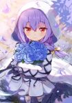  1girl absurdres atsuko_(blue_archive) blue_archive blue_flower blue_halo blush bouquet braid closed_mouth dress falling_petals flower frilled_socks frills hair_between_eyes halo highres holding holding_bouquet hood hood_up hooded_jacket jacket long_hair mikumiku37 petals purple_hair red_eyes revision smile socks solo twin_braids violet_(flower) white_dress white_jacket white_socks 