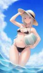 1girl anidante arm_up ass_visible_through_thighs ball beachball bikini black_bikini blue_eyes blue_sky blush breasts closed_mouth cloud criss-cross_halter halterneck hat highres holding holding_ball holding_beachball jormungand_(manga) koko_hekmatyar long_hair looking_at_viewer navel outdoors sky small_breasts smile solo sun_hat swimsuit wading water white_hair 