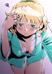  adjusting_hair bent_over blonde_hair blush bottomless breasts breasts_apart collarbone downblouse embarrassed goton_goton gradient gradient_background green_eyes hanging_breasts highres legs looking_at_viewer medium_breasts mizuhashi_parsee pajamas pointy_ears purple_background shirt short_hair simple_background solo touhou wavy_mouth 