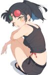 1girl 3d_glasses an-an_lee bare_arms black_hair black_shorts black_tank_top breasts eyewear_on_head full_body highres long_hair looking_at_viewer looking_back one_eye_closed open_mouth ponytail rasusurasu reverse:1999 sandals shorts simple_background small_breasts solo squatting sunglasses tank_top white_background yellow_eyes 