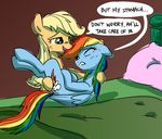  applejack_(mlp) bed blonde_hair carrying cutie_mark dialog duo earth_pony english_text equine eyes_closed female friendship_is_magic green_eyes hair horse mammal multi-colored_hair my_little_pony pegasus pillow pony rainbow_dash_(mlp) rainbow_hair sketchyjackie stomach_ache sweat text wings 
