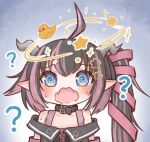  1girl ? @_@ ahoge belt belt_collar black_belt black_hair black_jacket blue_eyes blush bra collar commentary_request demon_girl demon_horns fangs flower grey_horns hair_flower hair_ornament hair_ribbon highres horns jacket long_hair looking_at_viewer medium_bangs multicolored_hair nanashi_inc. off_shoulder oinomori_may one_side_up open_mouth pink_bra pink_hair pink_ribbon pointy_ears powercandy ribbon rubber_duck seeing_stars solo two-tone_hair underwear upper_body virtual_youtuber wavy_mouth 