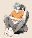  2boys absurdres akira_(togainu_no_chi) barefoot black_hair black_shirt blue_eyes closed_eyes full_body grey_background grey_hair grey_pants hair_between_eyes highres hug hug_from_behind knees_apart_feet_together knees_up looking_at_another male_focus multiple_boys orange_shirt pants shiki_(togainu_no_chi) shirt short_hair sitting sitting_on_lap sitting_on_person sketch smile spread_legs togainu_no_chi tomikko twitter_username yaoi 