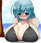  between_breasts bikini black_bikini blue_eyes blue_hair blush breasts food heterochromia huge_breasts ice_cream melting open_mouth popsicle red_eyes short_hair solo swimsuit taku_(yakumodaisuki) tatara_kogasa touhou 