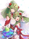  2girls absurdres bouquet breasts bridal_veil bride dress dual_persona fire_emblem fire_emblem:_mystery_of_the_emblem fire_emblem_awakening fire_emblem_heroes flower gonzarez green_eyes green_hair hair_ornament highres holding holding_bouquet large_breasts long_hair looking_at_viewer multiple_girls official_alternate_costume open_mouth pointy_ears ponytail smile tiki_(adult)_(bridal)_(fire_emblem) tiki_(adult)_(fire_emblem) tiki_(fire_emblem) tiki_(young)_(bridal)_(fire_emblem) tiki_(young)_(fire_emblem) veil wedding wedding_dress white_dress 