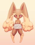  female fluffy humor lagomorph looking_at_viewer lopunny mammal nintendo pok&#233;mon pok&#233;shaming pok&eacute;mon pokemon_shamming rabbit sign silly solo text video_games voluptuous zedrin 