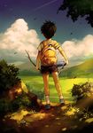  backpack bag bandaid bandaid_on_elbow bird black_hair blue_sky branch bush child cloud day dirt flower from_behind full_body leaf light_rays male_focus noeyebrow_(mauve) original outdoors power_lines realistic shirt shoes shorts sky sneakers socks solo standing sunbeam sunlight t-shirt thermos tree wind 