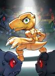  agumon agumon_(black) agumon_hakase bushiagumon claws commandramon digimon digimon_(creature) glowing glowing_eyes green_eyes gun helmet highres lbrightbladel no_humans red_eyes sharp_teeth tail teeth toyagumon toyagumon_(black) weapon yukiagumon 