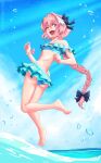  1boy absurdres artist_name astolfo_(sparkling_frills)_(fate) bikini black_bow blue_bikini blue_eyes blue_sky bow bracelet braid cloud fang fate/apocrypha fate/extella fate/extella_link fate/extra fate_(series) feet frilled_skirt frills hair_bow hair_intakes highres jewelry light_rays long_hair looking_at_viewer male_focus multicolored_eyes multicolored_hair ocean off-shoulder_bikini off_shoulder official_alternate_costume one_eye_closed open_mouth otoko_no_ko pearl_bracelet pink_hair purple_eyes samyrkandia single_braid skin_fang skirt sky smile solo splashing streaked_hair swimsuit very_long_hair water water_drop waves white_hair 