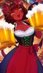  1girl apron beer_mug black_hair blunt_bangs body_freckles braid breasts cleavage colored_skin cup demon_girl demon_horns demon_tail dirndl dutch_angle flower freckles german_clothes hair_between_horns hair_flower hair_ornament highres holding holding_cup horns long_hair looking_at_viewer medium_breasts meruccubus_(merunyaa) merunyaa mole mole_under_eye mug oktoberfest oni open_mouth original pointy_ears red_oni red_skin red_tail skin-covered_horns solo tail twin_braids underbust waist_apron web_address yellow_eyes 