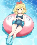  1girl :&lt; barefoot blonde_hair blue_one-piece_swimsuit blush_stickers collarbone commentary_request day flat_chest green_eyes hair_between_eyes hair_ribbon hands_on_own_stomach highres idolmaster idolmaster_cinderella_girls legs looking_at_viewer medium_hair on_water one-piece_swimsuit outdoors partially_submerged red_innertube red_ribbon remiri_nicoeli ribbon sakurai_momoka school_swimsuit sidelocks solo swimsuit thighs water wavy_hair 