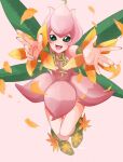  1girl artist_name detached_sleeves digimon digimon_(creature) dress fairy flower green_eyes green_footwear hair_vines highres leaf_wings lilimon looking_at_viewer monster_girl nail_polish open_mouth orange_petals petals pink_background pink_dress plant_girl ruron_(ruron_art) shoes simple_background solo teeth upper_teeth_only 