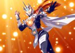  1girl alchemisdriver armor ass ass_visible_through_thighs bodysuit contrapposto driver_(kamen_rider) glowing glowing_eyes highres jewelry kamen_rider kamen_rider_gotchard_(series) kamen_rider_majade long_hair open_hands orange_eyes orange_hair otokamu outstretched_arms rider_belt ring simple_background spread_arms standing sun sununicorn tokusatsu unicorn white_armor 