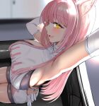 1girl :d absurdres animal_ear_fluff animal_ears armpits arms_up bare_shoulders bike_shorts black_shorts black_sports_bra blush breasts detached_sleeves from_above goddess_of_victory:_nikke hair_intakes highres huge_breasts leona_(nikke) long_hair looking_at_viewer open_mouth pink_hair shirt shorts sideboob sideless_shirt sidelocks sitting smile solo sports_bra tail tara_(szzj7733) turtleneck_shirt white_shirt yellow_eyes 