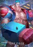  1boy abs artist_name blue_hair character_name closed_mouth commentary franky_(one_piece) long_sideburns male_focus one_piece open_clothes short_hair sideburns solo stitches sunglasses web_address weibo_logo weibo_username zhang_ding 