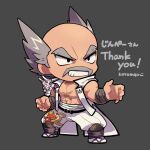  1boy balding bare_pectorals chibi coat commission facial_hair fighting_stance full_body grey_background grey_facial_hair grey_hair grin kotorai male_focus mishima_heihachi mustache navel no_nose old old_man open_clothes open_coat pants pectorals scar scar_on_chest signature skeb_commission smile solo tekken thick_eyebrows translation_request v-shaped_eyebrows white_coat white_pants 