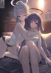  2girls absurdres alternate_costume blue_archive blunt_bangs camisole gnns halo hand_on_another&#039;s_shoulder highres hug kneeling leaning_on_person long_hair multiple_girls noa_(blue_archive) on_bed one_eye_closed pillow purple_hair short_shorts shorts sitting strap_slip two_side_up white_camisole white_hair yuuka_(blue_archive) 