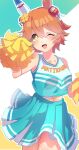  +_+ 1girl ;d absurdres alternate_costume animal_ears cheerleader clover_hair_ornament cowboy_shot crop_top ear_covers flipped_hair hair_between_eyes hair_ornament highres holding holding_pom_poms horse_ears horse_girl matikanefukukitaru_(umamusume) midriff miniskirt navel nikotomiko025 one_eye_closed orange_hair pom_pom_(cheerleading) short_hair single_ear_cover skirt smile solo umamusume yellow_eyes 