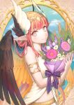  1girl absurdres armlet bare_shoulders bouquet bow bracelet breasts brown_wings circe_(fate) circlet cloud daisan_oujo fate/grand_order fate_(series) feathered_wings flower head_wings highres holding holding_bouquet jewelry long_hair looking_at_viewer navel necklace picture_frame pink_flower pink_hair pointy_ears purple_bow skirt sky small_breasts smile solo white_flower winged_hair_ornament wings 