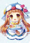  :d blush bow brown_eyes brown_hair child cosplay food hat ichihara_nina idolmaster idolmaster_cinderella_girls kigurumi long_hair looking_at_viewer mittens open_mouth penguin_hat popsicle sasai_saji sitting smile solo 